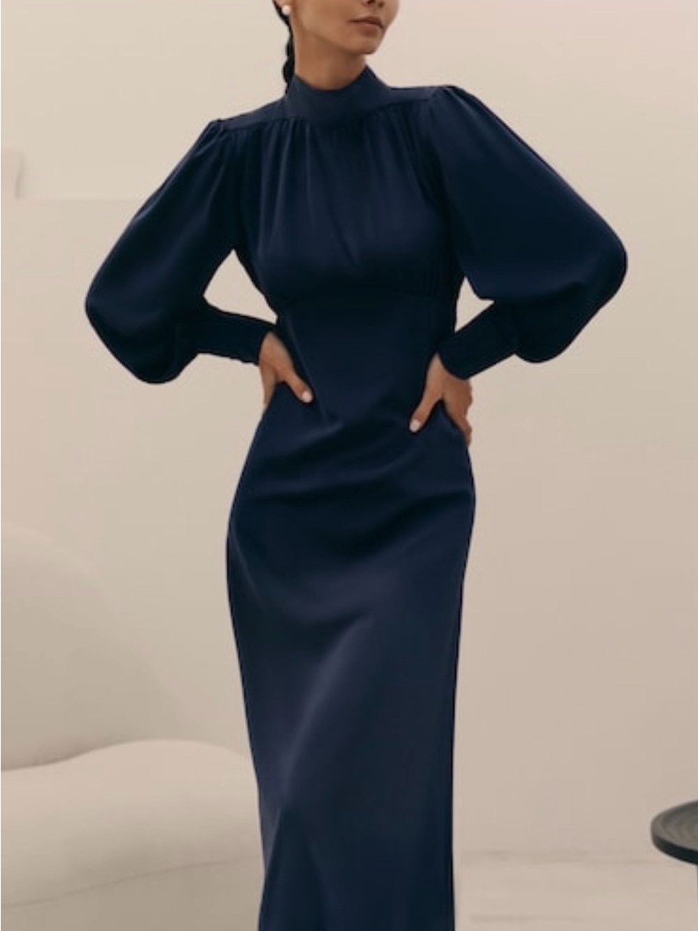 Elegant Navy Long-Sleeve Maxi Dress with High Neck